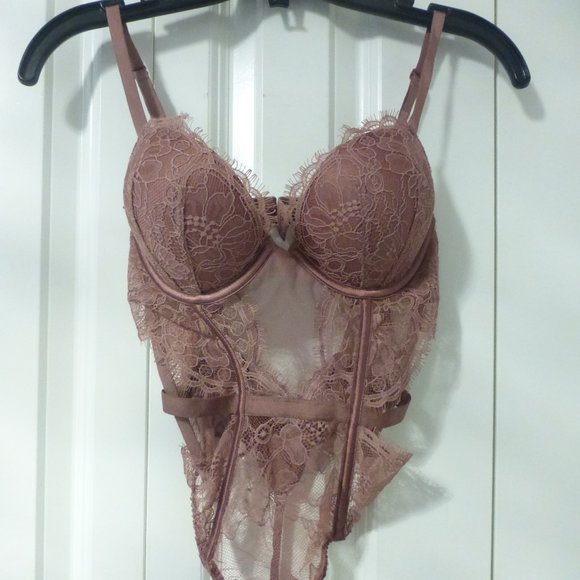 VICTORIA'S SECRET rosy pink "add 2 cups" lace lingerie teddy bodysuit - Picture 5 of 13
